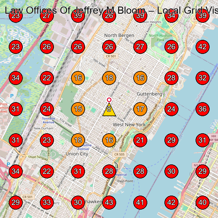 Law Offices Of Jeffrey M Bloom GeoGrid visibility map for Personal Injury Attorney in North Bergen